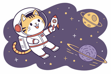 Funny cat astronaut floating in outer space galaxy background with stars and planets vector cartoon design

