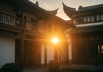 Golden Hour Serenity: Ancient Courtyard Sunset