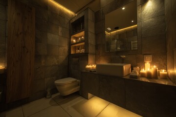 Warmly lit bathroom with stone walls, wooden accents, and candles providing soft light