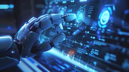 Robotic hand interacting with a digital interface.