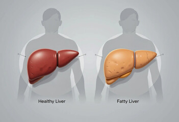 Comparing Healthy and Fatty Liver: Educational Illustration. This infographic visually compares a healthy liver to a fatty liver, highlighting the key difference in appearance.