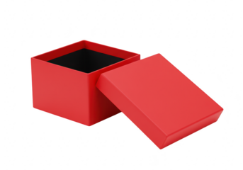 An open red square gift box with its lid tilted to the side is presented against a plain transparent background