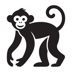 Cute Cartoon Monkey Standing Silhouette with Curly Tail and Friendly Face