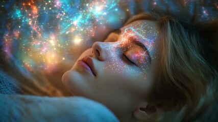 Peaceful woman sleeping with colorful neural lights and galactic stars overlaying her face, symbolizing deep dreams, cosmic thoughts, neuroscience, imagination, subconscious connection with universe - Powered by Adobe