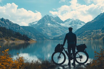 Rear view of a cyclist standing by their bike, admiring the mountains and surrounding natural beauty, emphasizing the connection between outdoor activities and a healthy lifestyle, Generative AI
