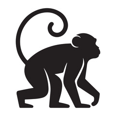 Cute Cartoon Monkey Standing Silhouette with Curly Tail and Friendly Face