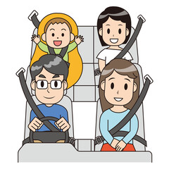 家族がシートベルトを着用して車に乗っているイラスト