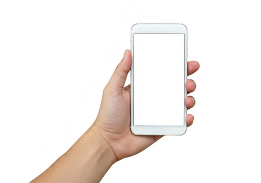 A human hand is holding a white smartphone with a blank white screen against a transparent background