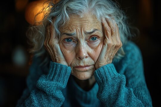 Elderly woman expressing contemplation and emotion in an intimate indoor setting
