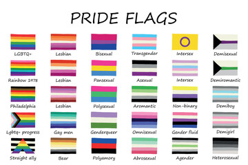 Set of colorful LGBTQ+ pride flags Gender equality and sexual identity pride flags collection LGBTQIA community pride month