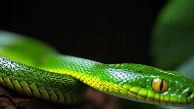 Green snake resting on a branch, exhibiting its scales and intense gaze