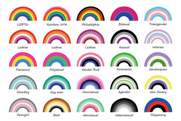Set of colorful LGBTQ+ pride flag rainbows Gender equality and sexual identity pride flags collection LGBTQIA community pride month