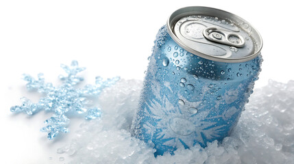 Icy blue soda can with snowflake design isolated on white background