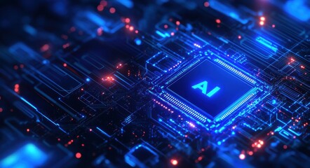 Closeup of glowing AI circuit on futuristic electronic blue background