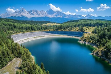 Aerial view of Liptovska Mara water reservoir, surrounded by serene natural landscapes with the High Tatras mountains in the distance, symbolizing the beauty of untouched nature, Generative AI