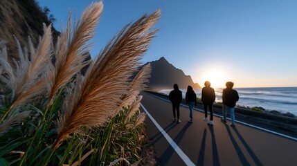 Friends walking on coastal road towards sunset with scenic view with fluffy plants.