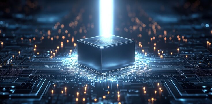 Futuristic glowing cube surrounded by illuminated digital circuitry patterns in blue light