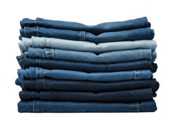 A neat stack of folded blue denim jeans in various shades of indigo and light wash is presented against a clean transparent background