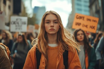 Generation Z activists holding banners while marching through the city, protesting climate change, gun control, and advocating for racial and gender equity, Generative AI