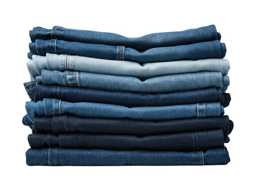 A neat stack of folded blue denim jeans in various shades of indigo and light wash is presented against a clean transparent background