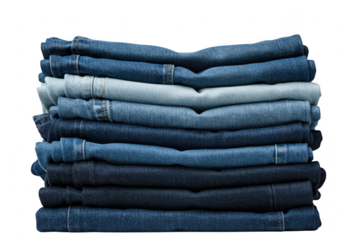 A neat stack of folded blue denim jeans in various shades of indigo and light wash is presented against a clean transparent background