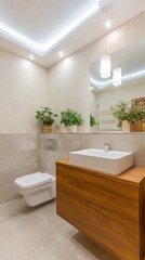 Clean bathroom with floating sink, toilet, mirror, lights, and potted green plants