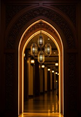 Ornate Archway Illuminated with Lanterns: A Glimpse into Islamic Architecture and Tradition