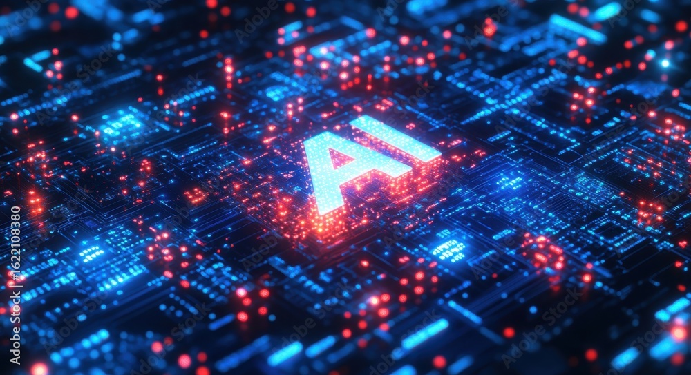 Wall mural glowing artificial intelligence text in futuristic circuit board design