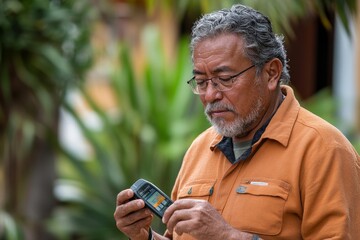 Senior man with diabetes checking his insulin pump, illustrating the importance of self-care and diabetes management for elderly patients with chronic conditions, Generative AI