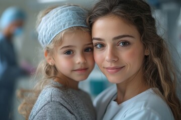 Little girl accompanied by her mother in a surgery examination, symbolizing the support and care provided to children in healthcare settings, Generative AI