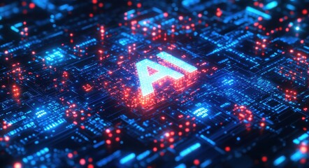 Obraz premium Glowing artificial intelligence text in futuristic circuit board design