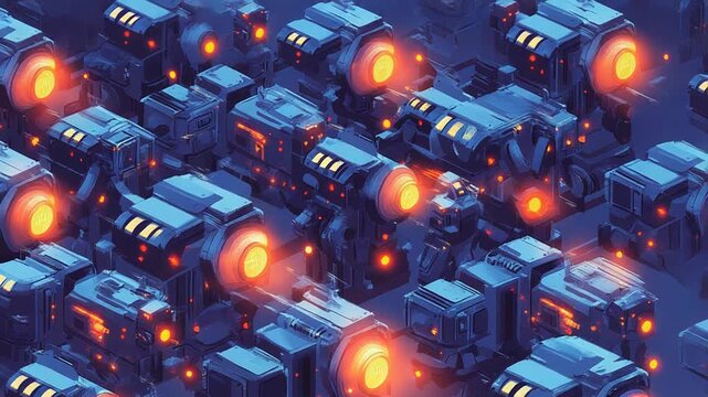 Futuristic mining machines working in isometric view
