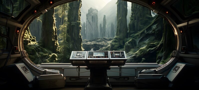 an old sci-fi-style spaceship interior, generative AI