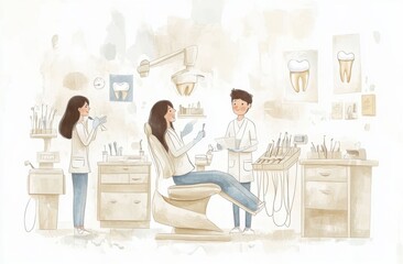 Fototapeta premium Dental team conducting a routine check-up and cleaning in a modern clinic
