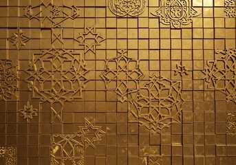 Ornate golden tile mosaic with geometric patterns and religious symbols for background