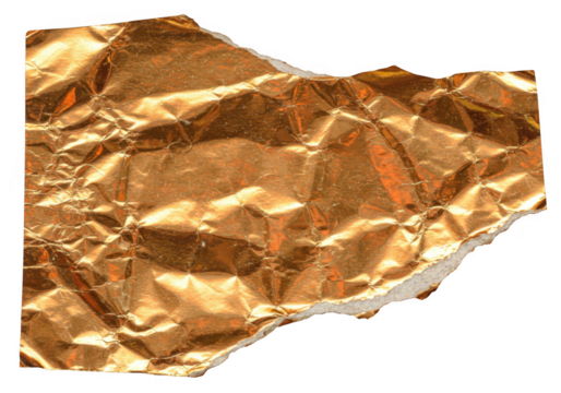 A crumpled piece of shiny gold foil with a torn edge isolated on a transparent background showcasing its metallic texture and reflective surface - Powered by Adobe