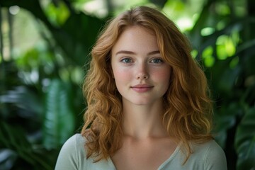 Fototapeta premium Portrait of a young woman in a botanical garden, surrounded by lush plants, reflecting a peaceful and serene atmosphere in a natural environment, Generative AI