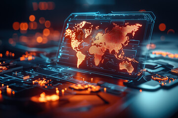 Futuristic digital interface displays glowing world map, showcasing advanced technology and cybersecurity elements. vibrant colors and intricate