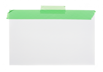A blank white sheet of paper is secured at the top with green masking tape against a plain transparent background