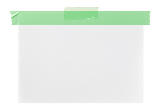 A blank white sheet of paper is secured at the top with green masking tape against a plain transparent background - Powered by Adobe