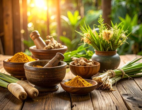 A rustic wooden table showcases traditional herbal ingredients bathed in warm sunlight. Bowls overflow with vibrant turmeric powder, while fresh ginger roots, lemongrass, and other aromatic herbs - Powered by Adobe