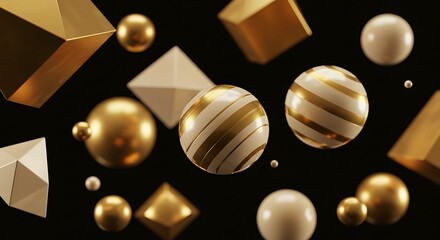 Golden Geometry: 3D Render of Floating Spheres and Shapes