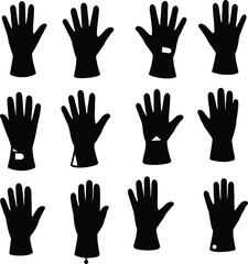 Fototapeta premium Collection of various glove silhouettes including winter, protective, and fashion styles with different wrist closures and shapes in black flat style isolated on white background.