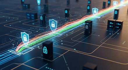 Advanced digital security concept with encrypted data streams flowing through a network protected by glowing shield icons.