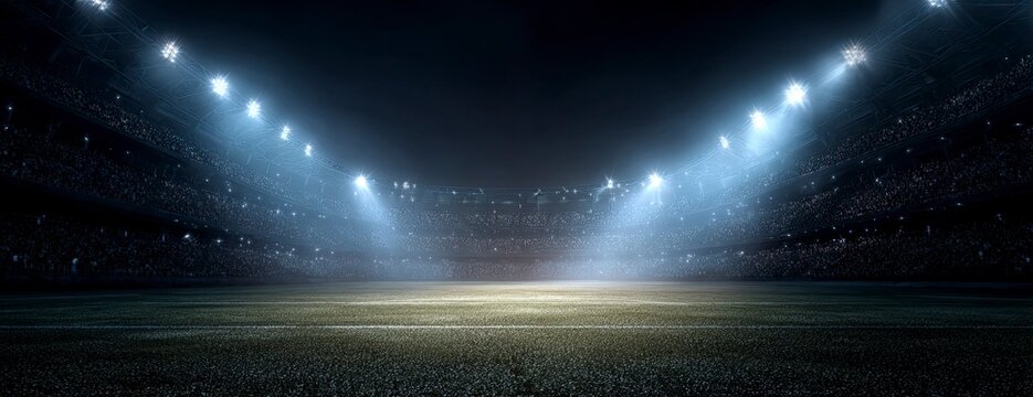 Night stadium, empty field, spotlight, crowd