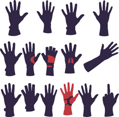 Black and Red Glove Silhouette Set: Diverse Vector Icons of Various Hand Protection Types, Ideal for Sports, Safety, Fashion, and Outdoor Activity Design Projects.