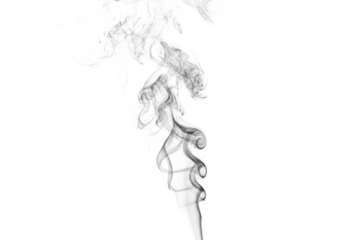 Delicate wisps of grey smoke gracefully swirl and curl upwards against a stark transparent background creating an ethereal and abstract visual
