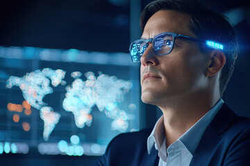 Innovative professional wearing smart glasses, focused on digital data analysis with world map in background, showcasing advanced technology