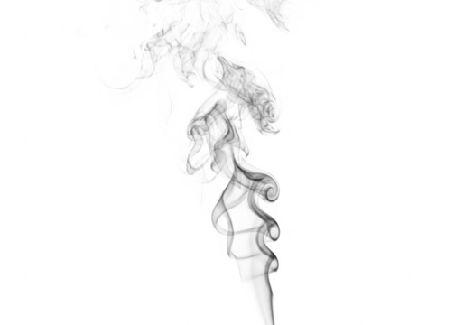 Delicate wisps of grey smoke gracefully swirl and curl upwards against a stark transparent background creating an ethereal and abstract visual