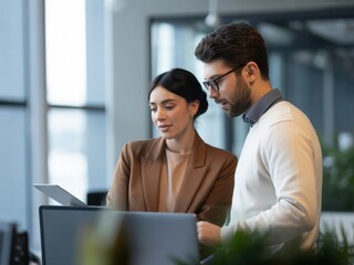 Two colleagues collaborating on a laptop in a modern office setting